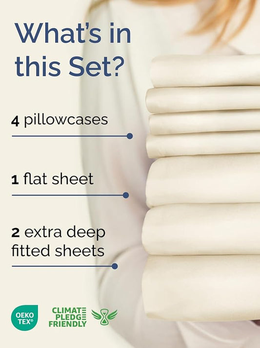 Extra Deep Split King Sheet Set - 7 Piece Breathable and Cooling Sheets - Hotel Luxury Bed Sheets Set - Easy Fit - Soft, Wrinkle Free and Comfy Sheets Set - Off White Sheet Set with Extra Deep Pockets