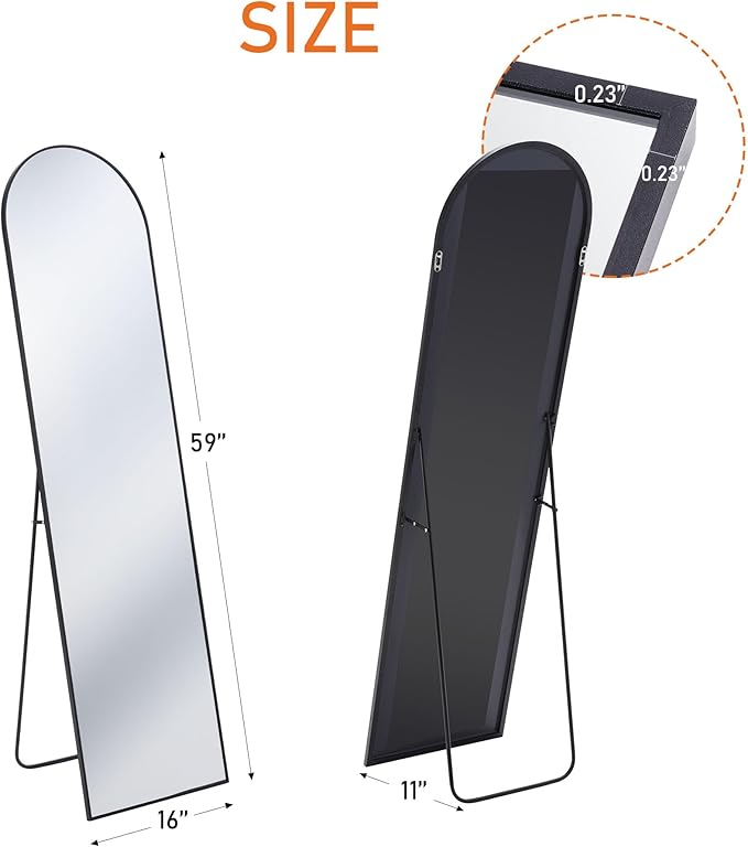 Sweetcrispy Full Length Arched Full Body Floor Mirror with Stand Aluminum Alloy Frame, Standing Hanging or Leaning Wall, 59"x16"
