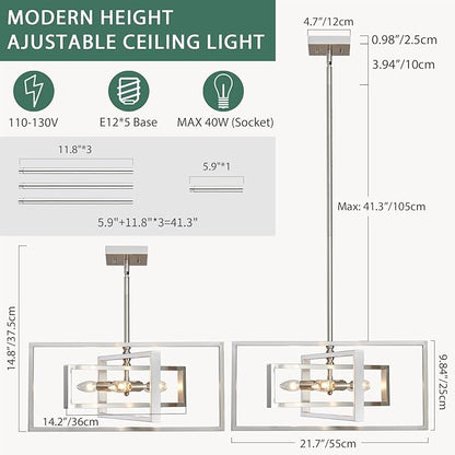 Industrial Chandelier, 5-Light Modern Geometric Ceiling Light Fixture, 22" Adjustable Height Pendant Lighting for Living Room Foyer Entryway Dining Room Brushed Nickel