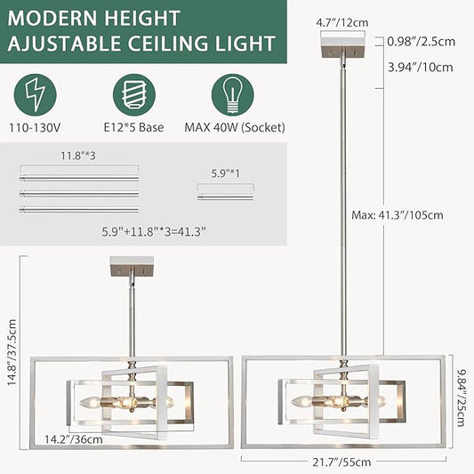 Industrial Chandelier, 5-Light Modern Geometric Ceiling Light Fixture, 22" Adjustable Height Pendant Lighting for Living Room Foyer Entryway Dining Room Brushed Nickel