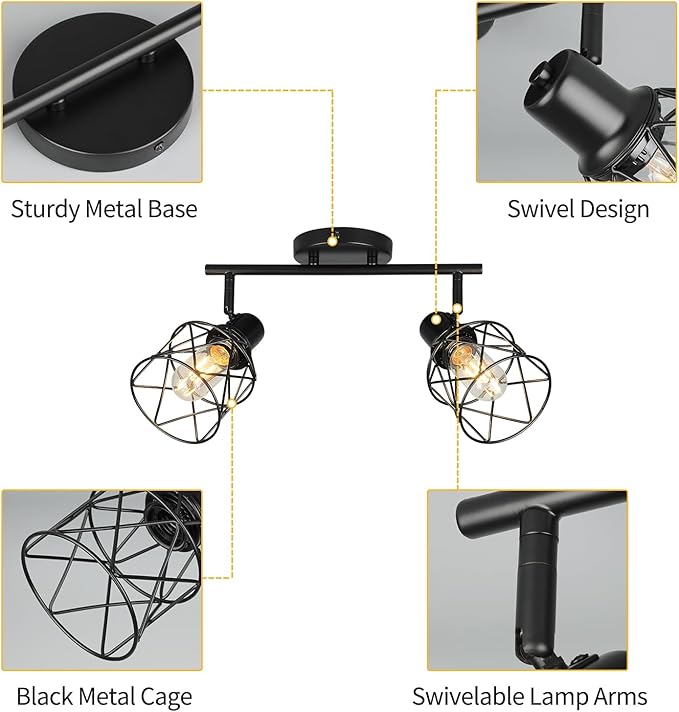 WILON Industrial Track Lighting Fixtures Ceiling, 2 Light Kitchen Ceiling Light Rotatable Spotlight Fixtrues E26 Base Wall Light Fixture, Black Flush Mount Light for Kitchen Hallway Entryway