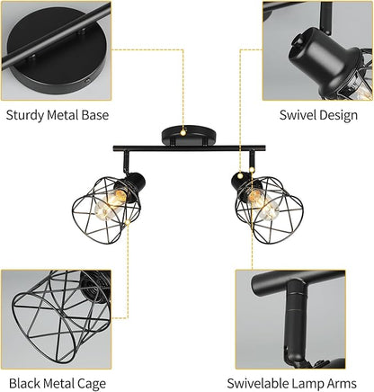 WILON Industrial Track Lighting Fixtures Ceiling, 2 Light Kitchen Ceiling Light Rotatable Spotlight Fixtrues E26 Base Wall Light Fixture, Black Flush Mount Light for Kitchen Hallway Entryway