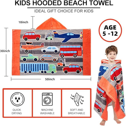 Kids Hooded Bath Beach Towel Girls Boys, Super Absorbent & Soft Towel Poncho for Shower/Beach/Pool Child Cover ups 50"x30" Large Towel Wrap (Car Pattern)
