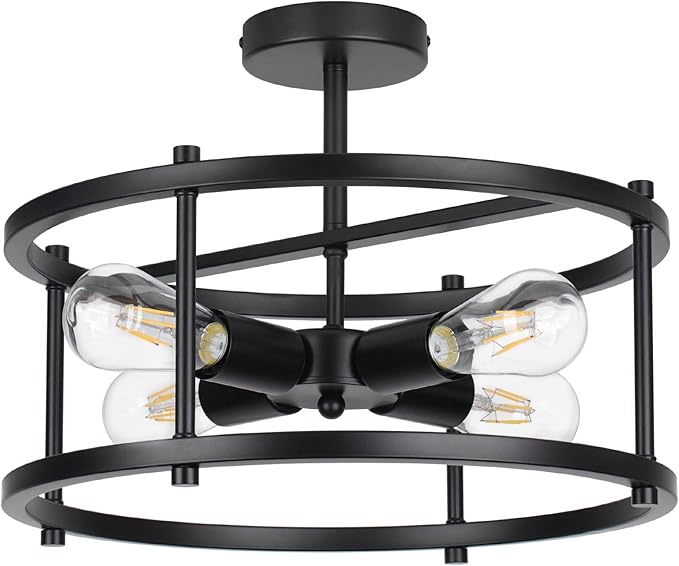 16" Semi Flush Mount 4-Light Industrial Ceiling Light, Black Chandelier for Kitchen, Dining Room, Entryway, Bedroom, Living Room