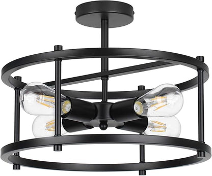 16" Semi Flush Mount 4-Light Industrial Ceiling Light, Black Chandelier for Kitchen, Dining Room, Entryway, Bedroom, Living Room