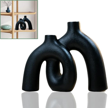 Hug Donut Decorative Vase Set,Minimalist Nordic Boho Style Vases Home Decor,Matte Ceramic Hollow Vase Decorations for Living Room Shelf, Bookshelf Mantle Entryway Table or Console Décor. (Black)
