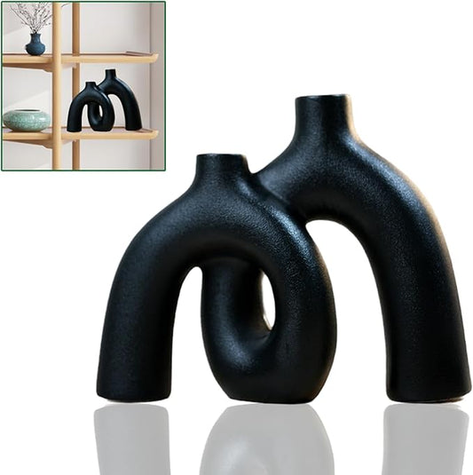 Hug Donut Decorative Vase Set,Minimalist Nordic Boho Style Vases Home Decor,Matte Ceramic Hollow Vase Decorations for Living Room Shelf, Bookshelf Mantle Entryway Table or Console Décor. (Black)
