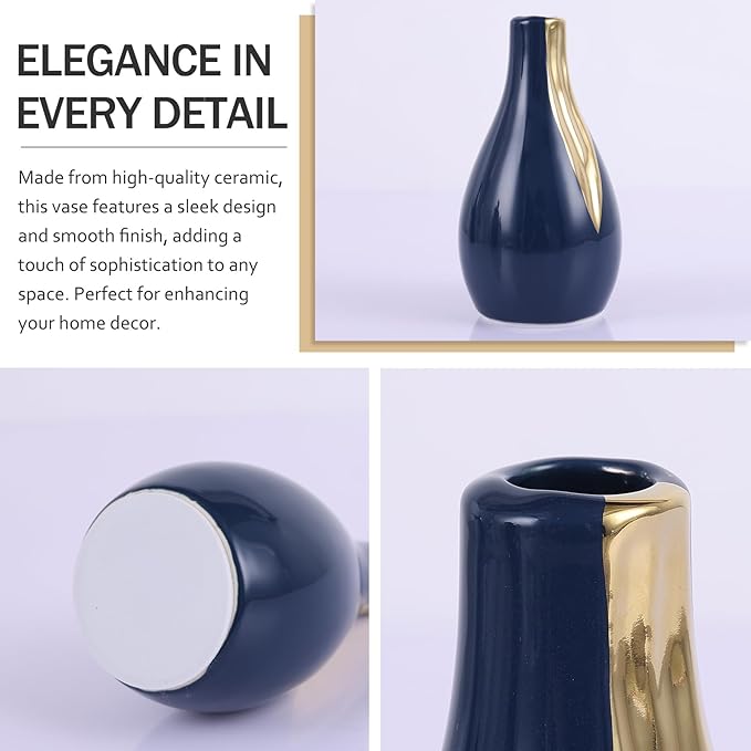 Ceramic Decorative Vases Set of 3, Blue and Gold Vases for Home Decor, centerpieces on Modern Farmhouse Living Room Table Shelves, Office Bookshelf Decorations and Ornaments.