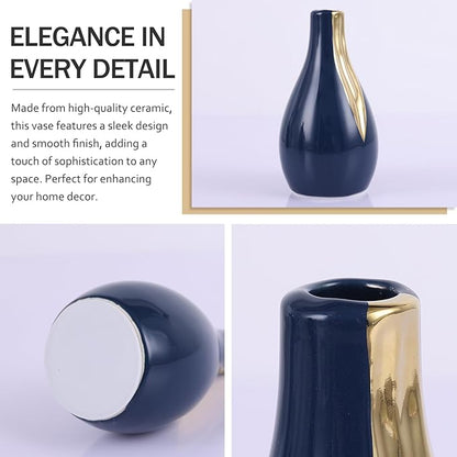 Ceramic Decorative Vases Set of 3, Blue and Gold Vases for Home Decor, centerpieces on Modern Farmhouse Living Room Table Shelves, Office Bookshelf Decorations and Ornaments.