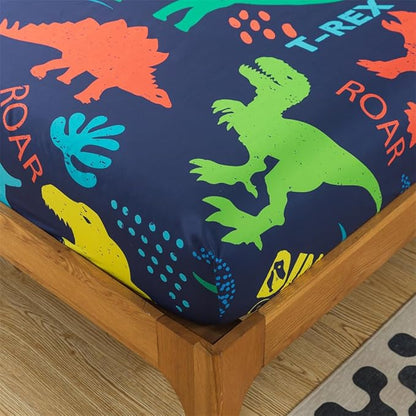 qjmiaofang Dinosaur Queen Sheets for Boys Dinosaur Bed Sheets 4Pieces Jungle Sheets with T-Rex Dinosaur Flat Sheet Set Wildlife Dinosaur Fitted Sheet 1 Fitted Sheet 1 Flat Sheet 2 Pillowcases