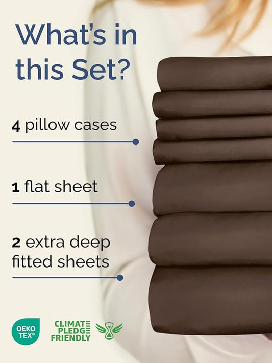Extra Deep Split King Sheet Set - 7 Piece Breathable & Cooling Sheets - Hotel Luxury Bed Sheets Set - Easy & Secure Fit - Soft, Wrinkle Free & Comfy Sheets Set - Brown Sheet Set w/Extra Deep Pockets