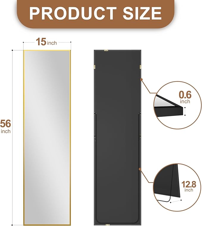 Delma Wall Mirror Full Length Mirror,Standing Mirror Full Body,Large Floor Mirror for Wall Door Bedroom Bathroom Living Room with Aluminium Frame(with Stand,Rect 56x15-Gold)