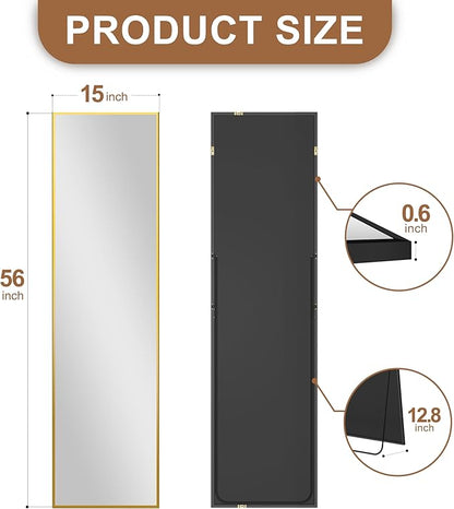 Delma Wall Mirror Full Length Mirror,Standing Mirror Full Body,Large Floor Mirror for Wall Door Bedroom Bathroom Living Room with Aluminium Frame(with Stand,Rect 56x15-Gold)
