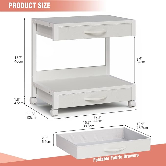 2-Tier Desktop Printer Stand with 2 Fabric Drawers, Prtiner Table with Storage Shelf, Desk Organizer for Home Office,3D Printer,Fax Machine,Scanner (White, 2 Tier)