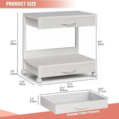 2-Tier Desktop Printer Stand with 2 Fabric Drawers, Prtiner Table with Storage Shelf, Desk Organizer for Home Office,3D Printer,Fax Machine,Scanner (White, 2 Tier)