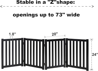 LZRS 4-Panel Wooden Free Standing Foldable Dog Gate – 24" High, Extra Wide Step-Over Safety Pet Gate for Doorways, Stairs, Hallways, Large Spaces & Playpen for Puppies Indoor Use, Black