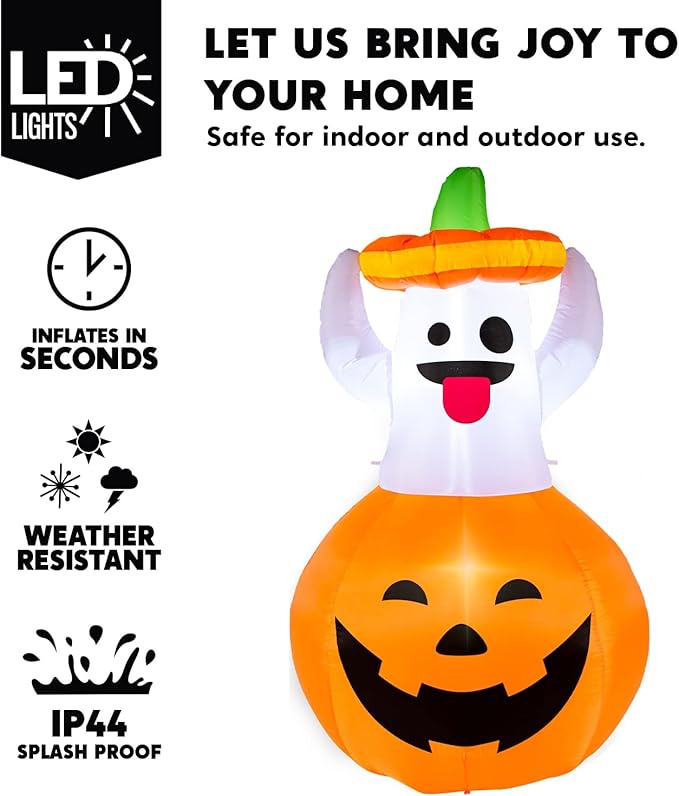 Joiedomi 5 FT Halloween Inflatable Ghost Outdoor Decorations, Blow Up Yard Decorations in Pumpkin, Blow Up Ghost Inflatable with LEDs for Cute Halloween Decor