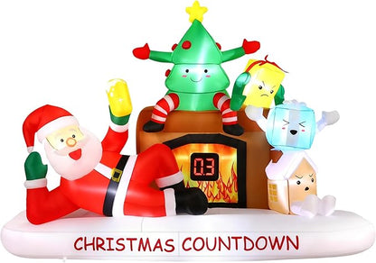Alupssuc 8 FT Christmas Inflatable Outdoor Decorations with LED Christmas Countdown Clock, Santa,Tree,Fireplace and Gift Boxes, Lighted Blow Up Lawn Yard Clearance for Indoor Xmas Holiday Party Decor
