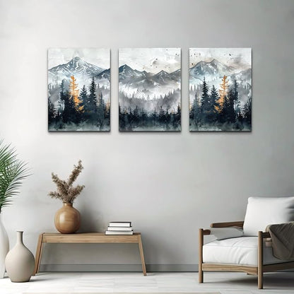 DZRWUBHS Large Canvas Wall Art Prints Modern Wall Decor for Bedroom Wall Art Living Room Office Poster Mountain Landscape Wall Picture Foggy Forest Vintage Paintings Home Decor Ready To Hang 3 Piece