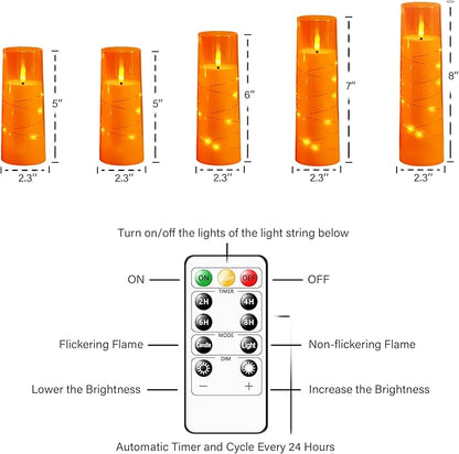 Flameless LED Candles with Timer 5 Pc Flickering Flameless Candles for Romantic Ambiance and Home Decoration Stable Acrylic Shell,with Embedded Star String，Battery Operated Candles（Orange）