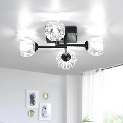 Sputnik Chandelier Black Crystal 4-Light Semi Flush Mount Ceiling Light Fixture Industrial Chandelier for Kitchen, Bedroom, Living Room, Hallway, G9 Bulb (Round Crystal Shade)