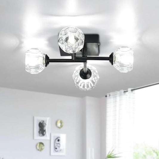 Sputnik Chandelier Black Crystal 4-Light Semi Flush Mount Ceiling Light Fixture Industrial Chandelier for Kitchen, Bedroom, Living Room, Hallway, G9 Bulb (Round Crystal Shade)