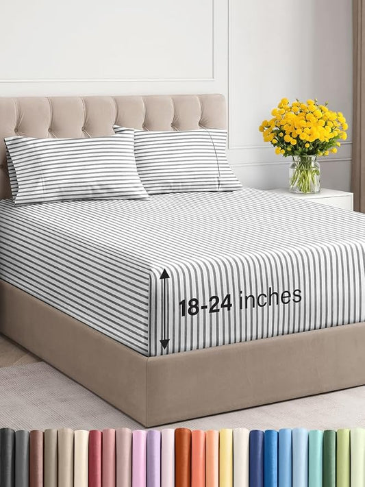 Extra Deep Twin XL Sheet Set - 4 Piece Breathable and Cooling Sheets - Hotel Luxury Bed Sheets Set - Easy Fit - Soft, Wrinkle Free and Comfy Sheets Set - Grey Striped Sheet Set with Extra Deep Pockets