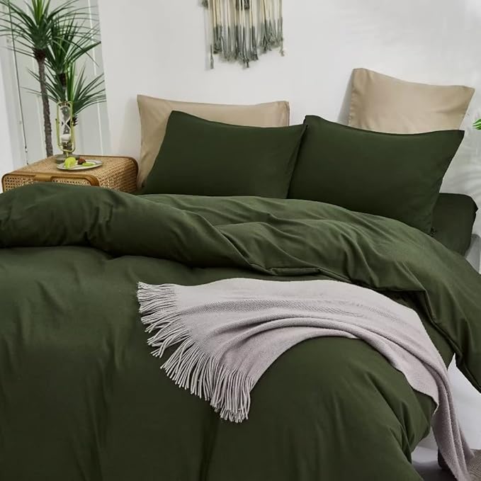 Wellboo Army Green Comforter Sets California King Solid Olive Green Boho Bedding Comforters Cal King Cotton Soft Cozy Dark Green Women Men Quilts Plain Army Green Modern Hunter Green Blankets Durable