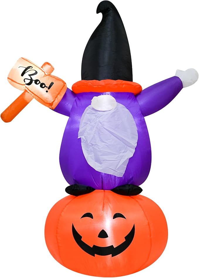4FT Inflatable Halloween Decoration Blow up Gnome Pumpkin Holding a Sign with The Word Boo in Hand Decor with LED Lights Indoor Outdoor Yard Holiday Graden Party Decor
