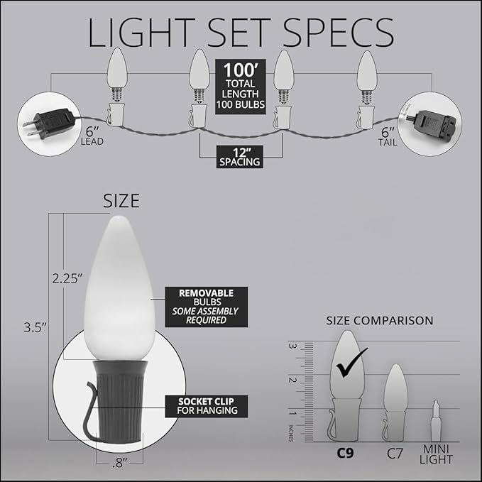 100 ft C9 Warm White OptiCore LED Commercial Outdoor Christmas Lights – Heavy Duty on Green Wire (100 Lights, Smooth/Opaque Bulbs)