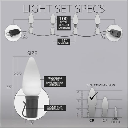 100 ft C9 Warm White OptiCore LED Commercial Outdoor Christmas Lights – Heavy Duty on Green Wire (100 Lights, Smooth/Opaque Bulbs)