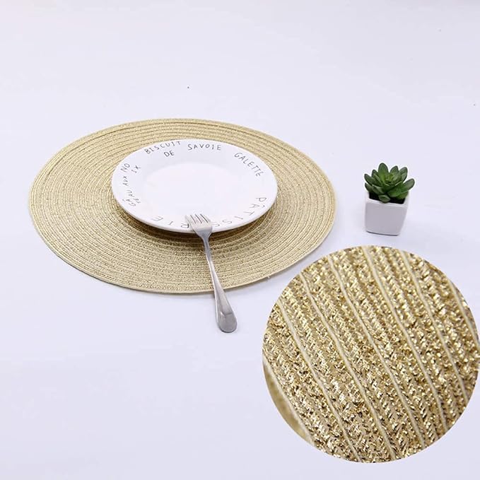 SHACOS Glitter Gold Round Braided Placemats Set of 8 Sparkle Washable 15 inch Round Table Mats Woven Place Mats for Dining Table (Gold, 8)