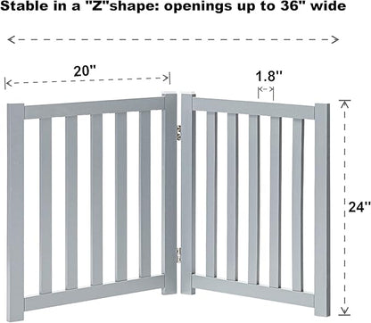 LZRS 2-Panel Wooden Free Standing Foldable Dog Gate – Solid Hardwood 24" High, Step-Over Safety Pet Gate for Doorways, Stairs & Small Spaces - Indoor Use, Grey