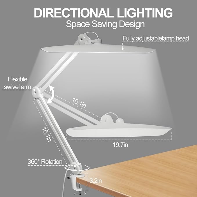 20" LED Desk Lamp with Clamp, 24W CCT Adjustable Dimmable Nail Light for Desk, 120 LEDs Metal Swivel Arm Daylight for for Nail Tech Task Home Office Reading Architect Craft, White
