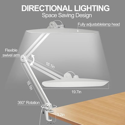 20" LED Desk Lamp with Clamp, 24W CCT Adjustable Dimmable Nail Light for Desk, 120 LEDs Metal Swivel Arm Daylight for for Nail Tech Task Home Office Reading Architect Craft, White