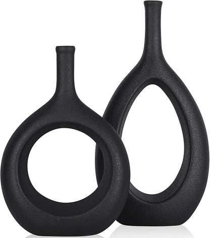 Black Ceramic Vase Set 2,Modern Hollow Circle with Hole Flower Vase for Home Decor,for Table Centerpieces,Farmhouse,Fire Place,Living Room,Bedroom,Office,Bookshelf,Rustic Decor