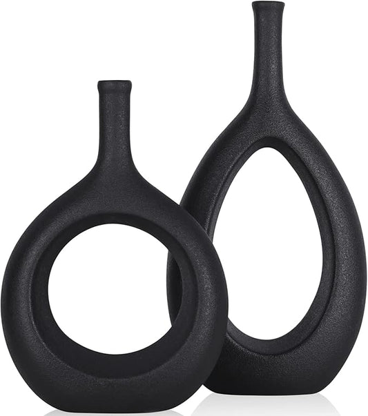 Black Ceramic Vase Set 2,Modern Hollow Circle with Hole Flower Vase for Home Decor,for Table Centerpieces,Farmhouse,Fire Place,Living Room,Bedroom,Office,Bookshelf,Rustic Decor