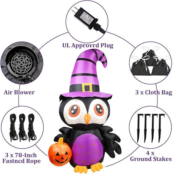 6FT Halloween Inflatables Outdoor Decorations Owl with Pumpkin, Halloween Blow Up Yard Decorations with Built-in LED Light for Inflatable Halloween Decoration Lawn Garden Indoor Outdoor Party