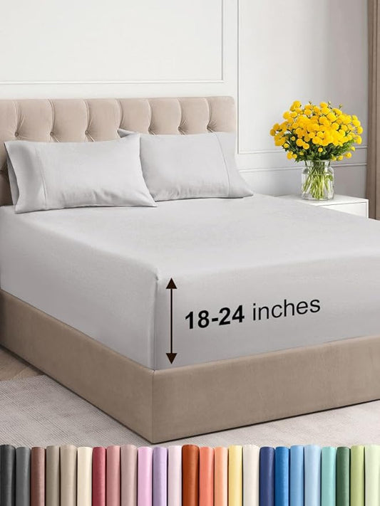 Extra Deep Twin Sheet Set - 4 Piece Breathable & Cooling Sheets - Hotel Luxury Bed Sheets Set - Easy & Secure Fit - Soft, Wrinkle Free & Comfy Sheets Set - French Grey Sheet Set w/Extra Deep Pockets