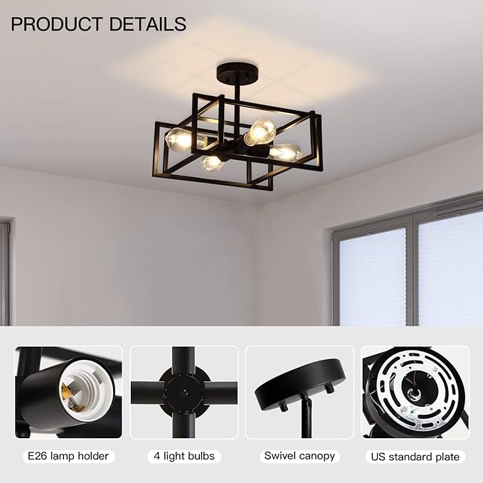 Black Ceiling Light Fixtures - 4-Light Industrial Farmhouse Flush Mount Ceiling Lighting,Vintage Metal Chandelier Ceiling Lamp for Kitchen Living Room Bedroom Hallway Laundry Entryway