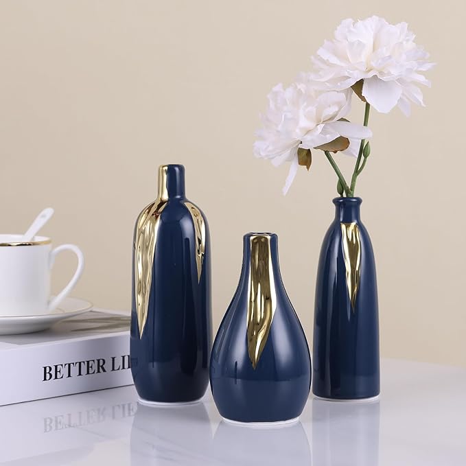 Ceramic Decorative Vases Set of 3, Blue and Gold Vases for Home Decor, centerpieces on Modern Farmhouse Living Room Table Shelves, Office Bookshelf Decorations and Ornaments.