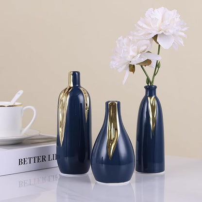 Ceramic Decorative Vases Set of 3, Blue and Gold Vases for Home Decor, centerpieces on Modern Farmhouse Living Room Table Shelves, Office Bookshelf Decorations and Ornaments.