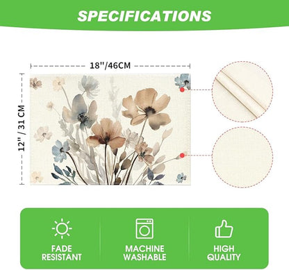 Artoid Mode Brown Poppy Floral Leaves Placemats Set of 6, 12x18 Inch Seasonal Summer Table Mats for Party Kitchen Dining Decoration