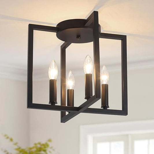 Semi Flush Mount 4-Light Black Ceiling Light, Modern Farmhouse Industrial Light with Geometric Metal Shade, Kitchen, Hallway, Bathroom