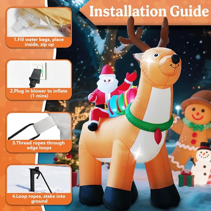 GARIG 10FT Christmas Inflatables Reindeer and Santa Claus Outdoor Decorations, Christmas Blow Up Yard Decorations with Built-in LEDs for Xmax Outdoor Party, Yard, Garden
