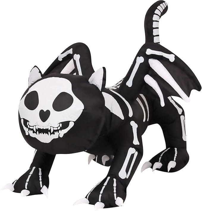 Haunted Hill Farm 5.9-ft. Wide Skeleton Cat Blow Up with Lights, Halloween Inflatable Outdoor Decorations for Patio and Yard, Giant Spooky Inflatable Outdoor Holiday Yard Decorations