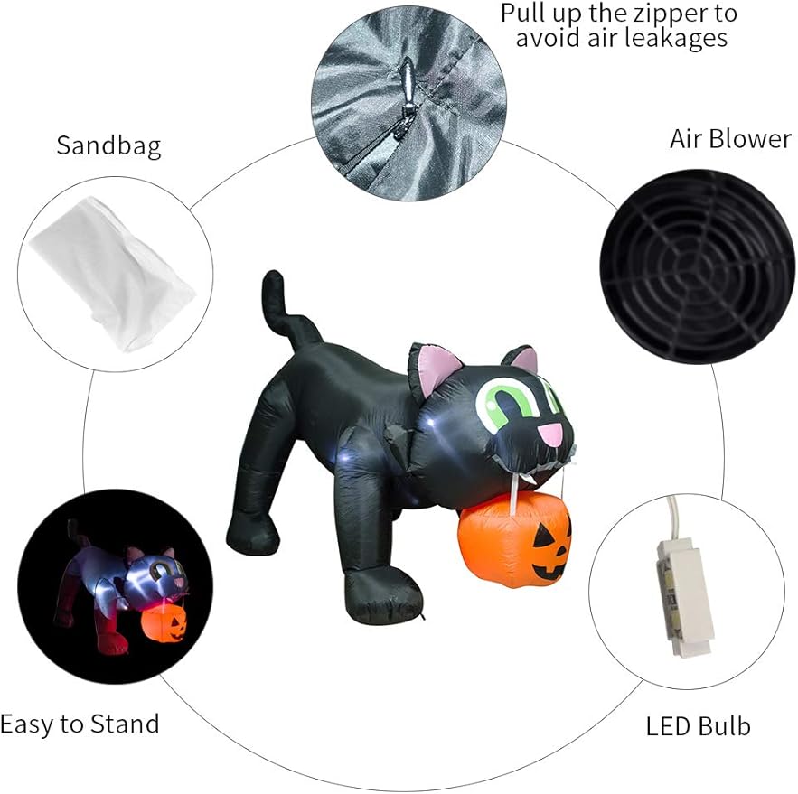AJY 8 Feet Halloween Giant Black Cat with Pumpkin Inflatable LED Lights Decor Outdoor Indoor Holiday Decorations Blow up Lighted Yard Decor, Giant Lawn Inflatable Home Garden Party Favor Decoration
