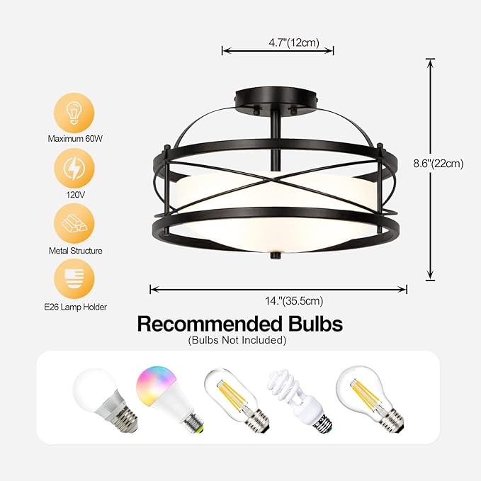 Semi Flush Mount Ceiling Light Fixtures for Farmhouse Hallway Kitchen Retro Vintage Metal Cage Drum Close to Ceiling Light E26 Base Black