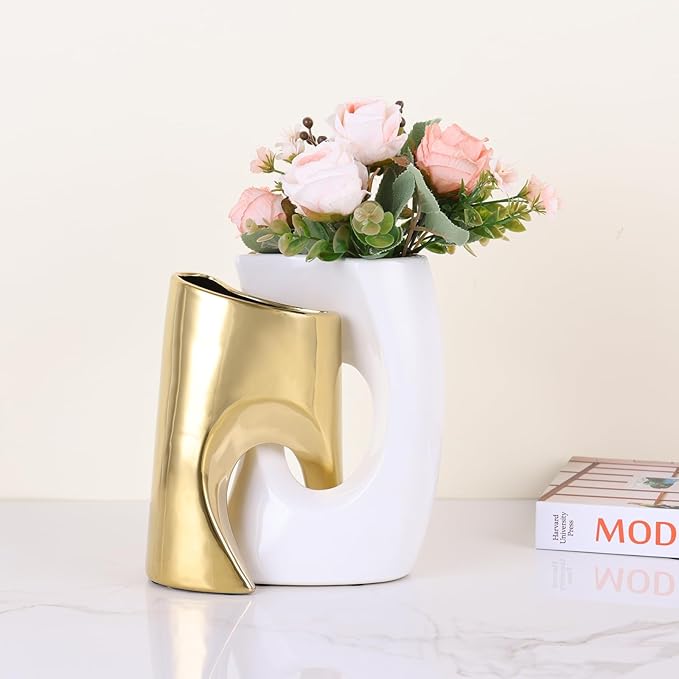 White and Gold Vase Set of 2, Nordic Modern Ins Style Vases, Boho Ceramic Vases for Centerpieces, Mid Century Abstract Donut Vase, Unique Funky Vase for Wedding, Decorative Pampas Grass Vase Decor