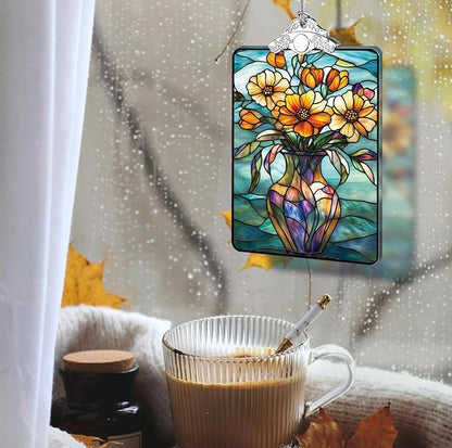 Bouquet in Vase Stained Glass Ornament, 2025 Christmas Tree Hanging Decoration, Ideal Gift or Stocking Stuffer, 3.8 x 2.4 Inch